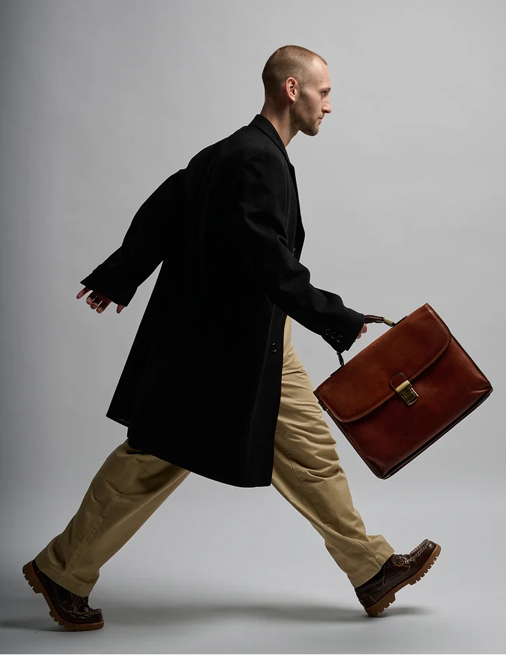 Jan walking while holding a brown leather briefcase — representing the pricing.